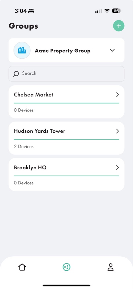 Biotic OS groups screen showing Chelsea Market, Hudson Yards Tower, and Brooklyn HQ