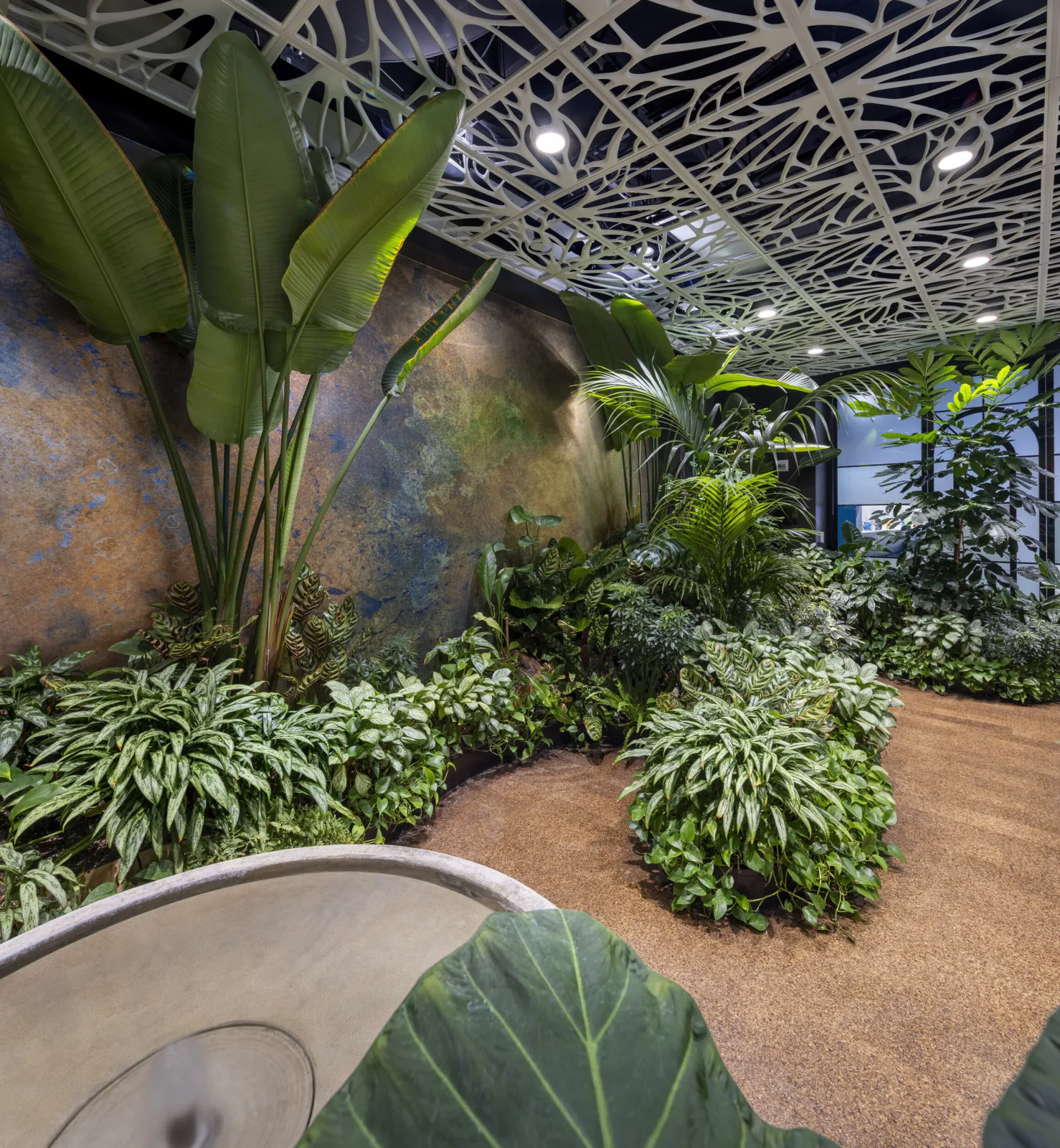 Close-up of lush plant growth inside the Nature Nook installation
