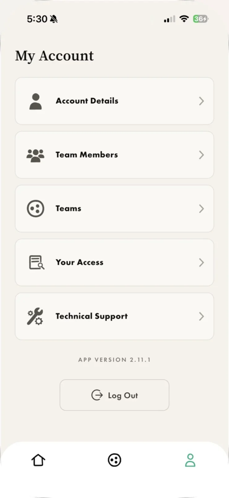 The My Account screen in the Biotic OS app