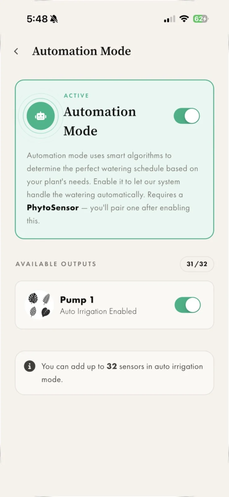 Automation Mode active in the Biotic OS app, with one output running on a paired sensor