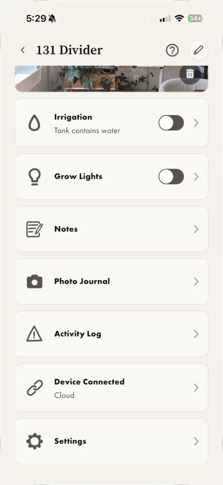 A device page in the Biotic OS app, listing Irrigation, Grow Lights, Notes, Photo Journal, Activity Log and Settings