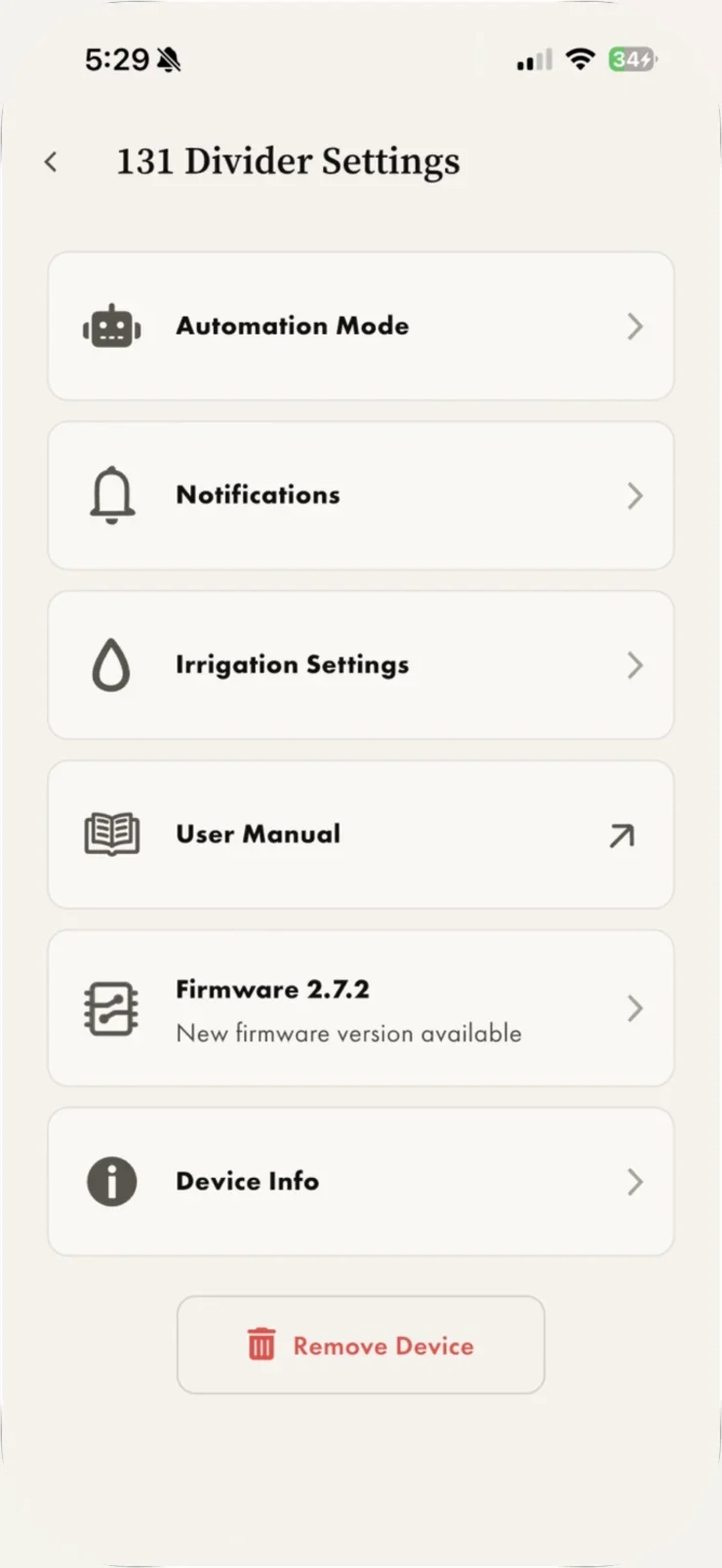 The device Settings screen in the Biotic OS app