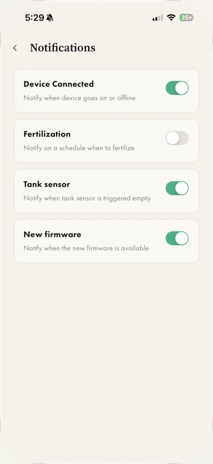 The Notifications screen in the Biotic OS app with its four toggles