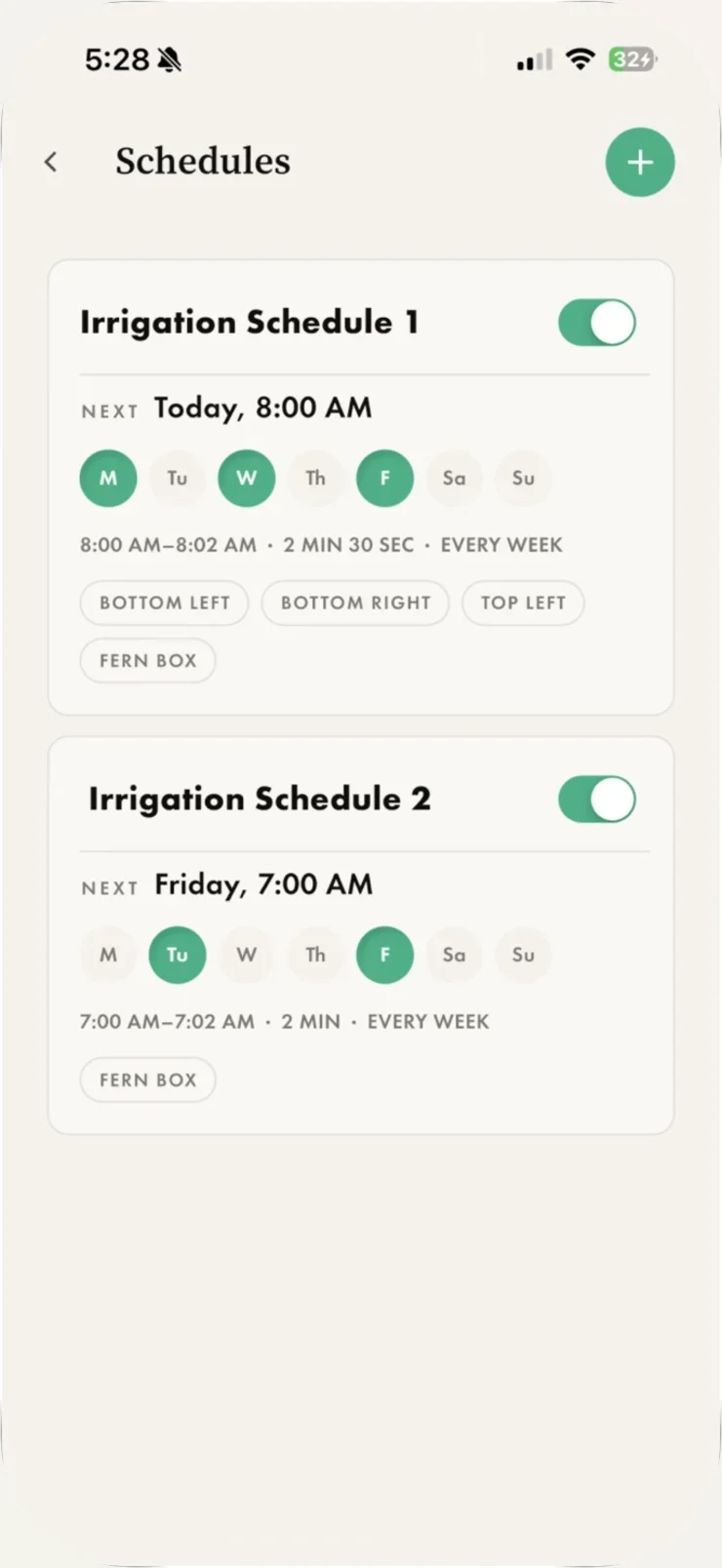 The Schedules screen in the Biotic OS app, showing two irrigation schedules with their days and durations