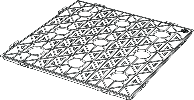Isometric line drawing of a PhytoMat plate module: a square truss-lattice plate with nine circular cup openings