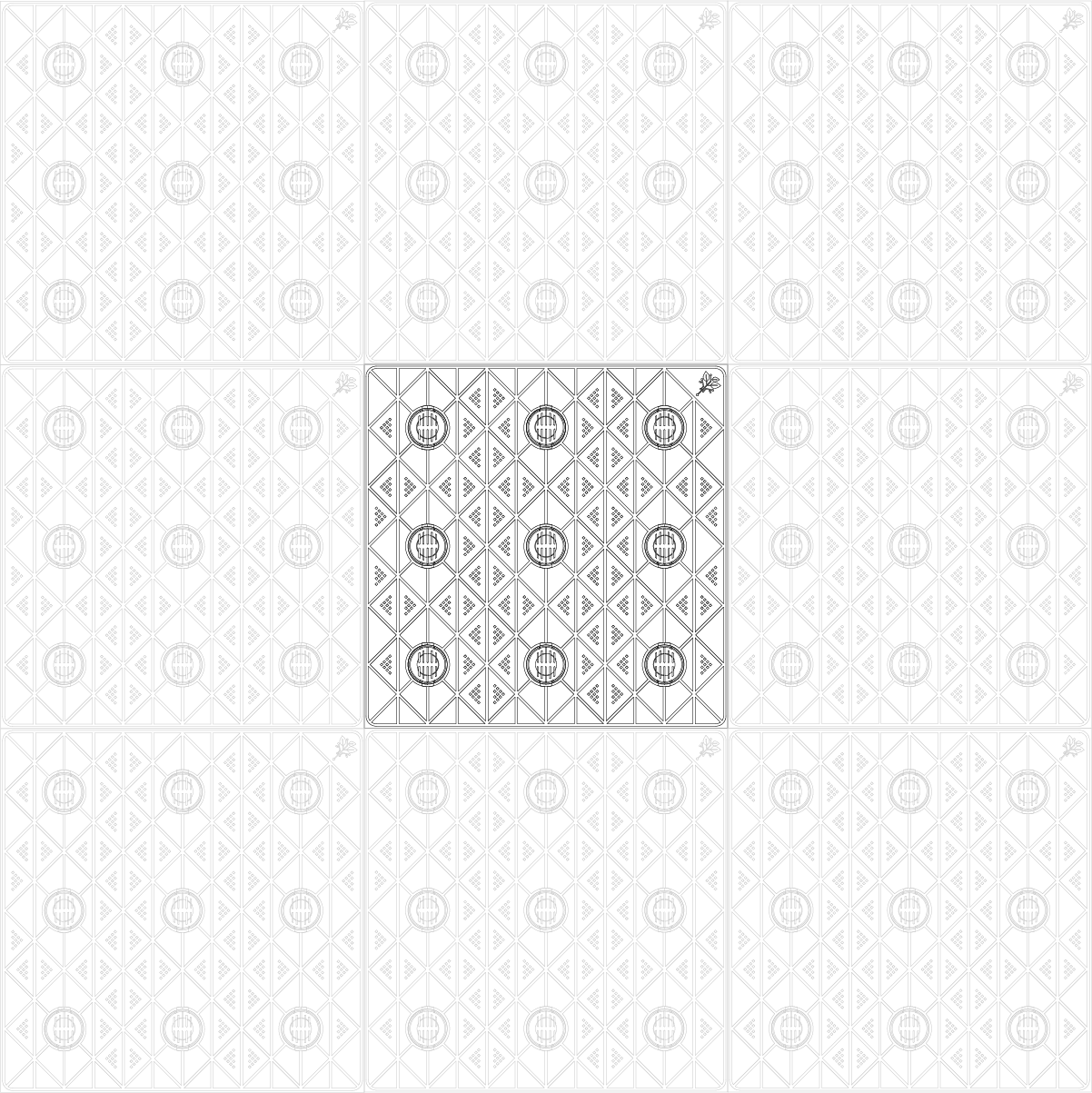 A structural PhytoMat tile shown within a continuous grid: a 12-inch square of nine cup positions in a triangular truss lattice, the surrounding tiles faded to show how modules connect into one planting base