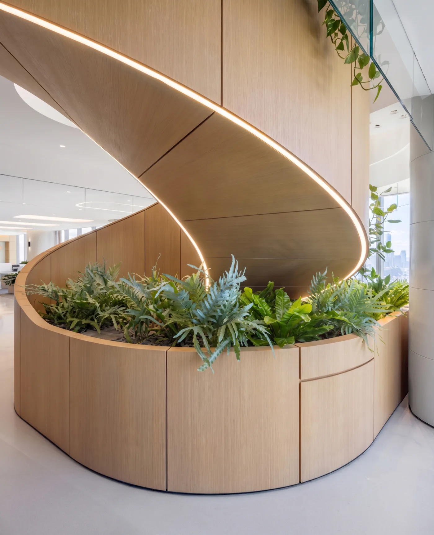 Verdant Ascent stair planter one year later, ferns grown in