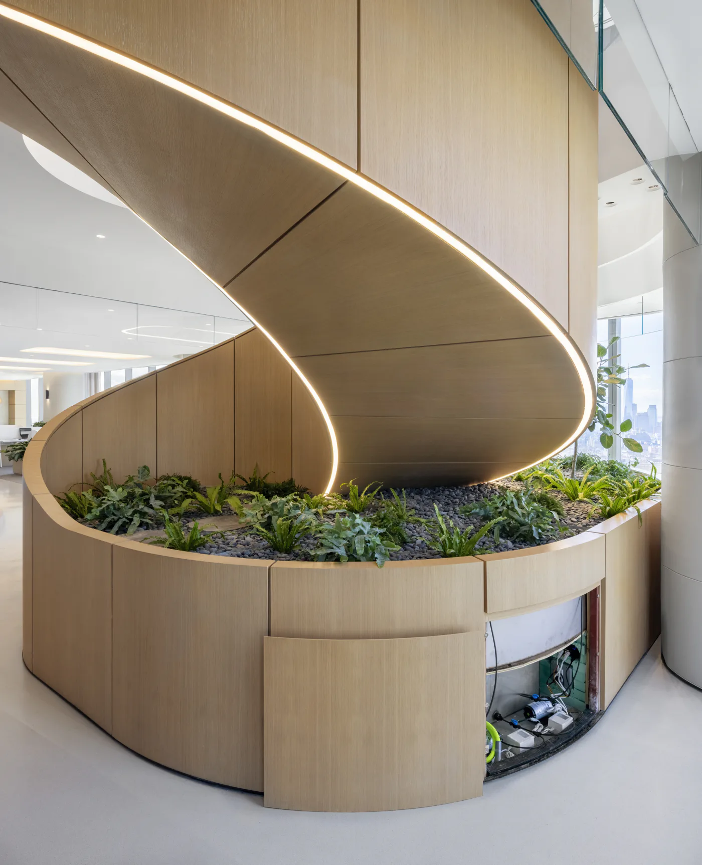 Verdant Ascent stair planter on install day, ferns newly placed